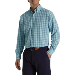 FootJoy Stretch Woven Gingham Shirt -Golf Bag Sales footjoy stretch woven gingham shirt denim azure 01 44298.1671651134