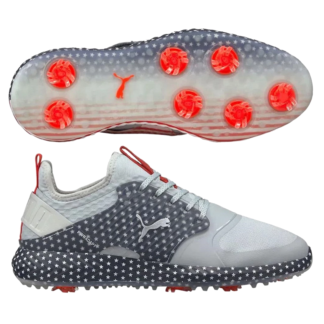 Puma Men's Limited Edition PWRADAPT Caged USA Golf Shoes - High Rise/Navy Blazer/High Risk Red 1 Puma Men's Limited Edition PWRADAPT Caged USA Golf Shoes - High Rise/Navy Blazer/High Risk Red